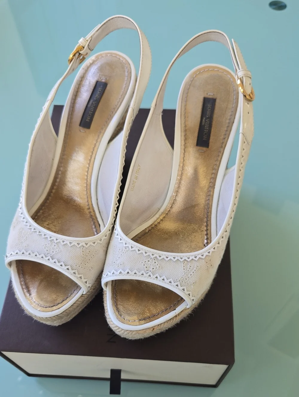 Louis Vuitton Cream Lace Slingback Espadrille Wedges with Gold Insole